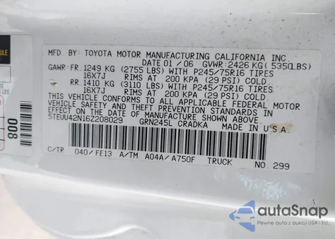 2006 Toyota Tacoma Base V6 z USA, uszkodzony, nr VIN 5TEUU42N16Z208029